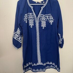 Soft Surroundings Royal Blue Tunic with White Embroidery